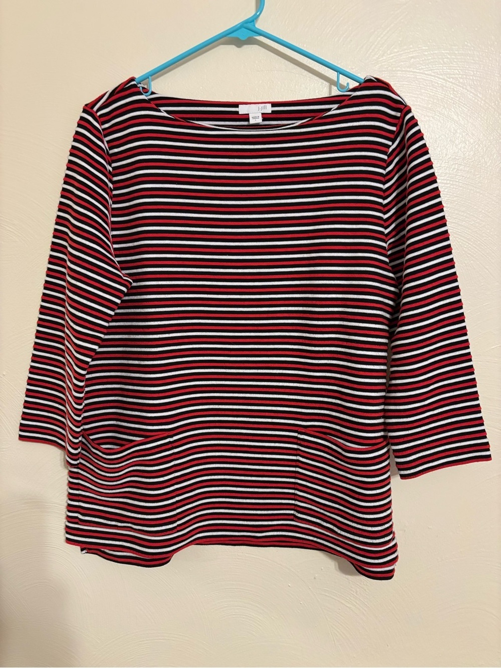 J.Jill L Red Black White Striped Knit Top 3/4 Sleeve Pockets